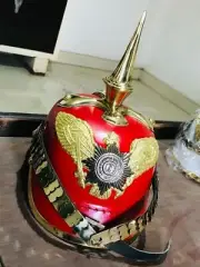 German Prussian Red Color Leather Helmet Pickelhaube Long Spiked Helmet.