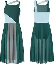 [iiniim] Kids Girls Lyrical Modern Dance Costume Sleeveless Mesh Overlay Color Block Leotard Dress Chiffon Flowy Dance Dress