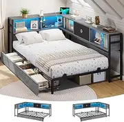 [DICTAC] Corner bed frame with bookshelf storage and LED lights, twin size metal platform bed frame with storage drawers and charging station, sofa bed