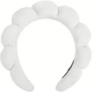 [QUEBEAR] Sponge Spa Headband for Washing Face Terry Cloth Bubble Soft Hair Band Non-Slip Puffy Head Band for Women Girls Cute Headwear Accessories Skincare Makeup Removal Shower White