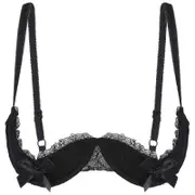 Women Sexy Open Nipple Lace Half Cups Bra Brassiere Push Up Padded Underwire Adjustable Strap Bowknot Underwear-Good Black A B