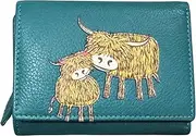 [Mala Leather] Soft Leather Highland Cow Mother & Daughter Ladies Small Trifold RFID Purse, Teal, S, Modern