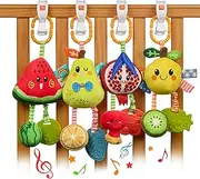 TUMAMA Baby Hanging Rattle Toys 4 Pack Fruit Soft Sensory Set for Car Seat Stroller Mobile 0 3 6 9 12+ Months