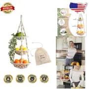 Stylish Macrame Fruit Basket with Wooden Beads - 3-Tier for Modern Boho Decor