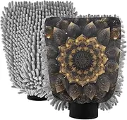 XYMZR Black Gold Foral Mandala Absorbent Microfiber Car Wash Mitt, Funny Cute Anime Scratch Free for Cars Cleaning, Home Cleaning Mitts, 2 Pack, 10.24” L x 7.09” W