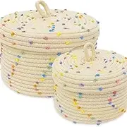 2 Pack Storage Baskets with Lids, Round Cotton Rope Woven Storage Basket, Shelf Baskets with Handles, Decorative Storage for Desktop Organization, Snacks, Toys, Underwear and Keys