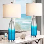 Set of 2 Blue Glass Table Lamps with USB C+A Ports, 26" Tall Modern Silver
