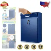 Locking Metal Mailbox with Key - Large Wall Mount Security Drop Box in Dark Blue