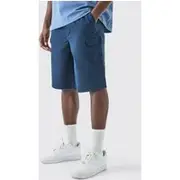 Mens Navy Longer Length Relaxed Fit Elasticated Waist Cargo Shorts
