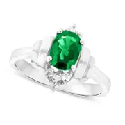 Oval Emerald and 0.10 CT. T.W. Natural Diamond Double Collar Ring in Solid 14K White Gold