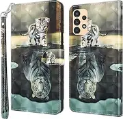 [GLANDOTU] Mobile Phone Case for Samsung Galaxy A04S / A13 5G Leather Case [Stand Function] [Magnetic Closure] Shockproof Flip PU Leather Cover Case Flip Case Samsung A04S Protective Case (Cat & Tiger)