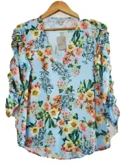 Belle & Sky Blue Yellow Floral V-Neck Long Sleeve Blouse Top Size M