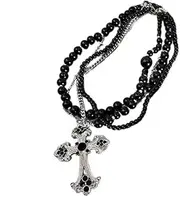 [Generic] Layered Gothic Cross Necklace Goth Chain Beaded Choker Necklace for Women Men