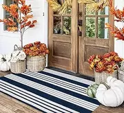 Blue and White Outdoor Rug 3'x 5' Hand-Woven Cotton Washable Rug Striped Front Porch Rug Machine Washable Indoor/Outdoor Area Rug Floor Mat for Farmhouse/Layered Door Mats/Living Room