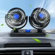 Snorthy Car Portable Cooling Fan, 12V/24V Car Fan Dual Head Fan With 2 Speed Adjustable 360° Rotation Electric Cooling Fan with Cigarette Lighter, Cooling Fan for Car Truck Van SUV (12V Blue)