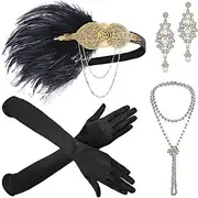 1920s Great Gatsby Accessories Set for Women Flapper Headband Pearl Rhinestone Dangle Earrings Necklace Gloves Plastic Holder Fishnet Stockings 20s Vintage Cos
