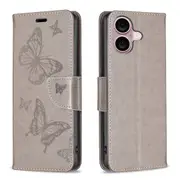 For iPhone 16 Plus Case, PU Leather Butterfly Cover, Grey