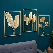 Ricjurzzty 3 Pack Gold Wall Decor Large Metal Leaf Wall Hanging Art Decor For Living Room, Wall Accents For Bedroom Dinning Room, Wall Sculpture Indoor Home Wall Decorations - 16.9X11.8 inch