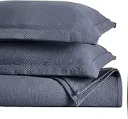 Superior 3 Piece Cotton Bedspread Set, Home Bed Decor, Decorative Bed Spread, 2 Pillow Shams, Medium Weight Blanket, Matelasse Coverlet, Bedding Essentials, Peploi Collection, Queen, Denim Blue