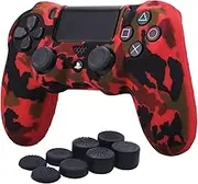 YoRHa Water Transfer Printing Camouflage Silicone Cover Skin Case for Sony PS4/slim/Pro Dualshock 4 controller x 1(red) With Pro thumb grips x 8
