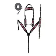 western Leather Equestrian Tooled Beaded Headstall,Breast Collar & Reins. (H009)