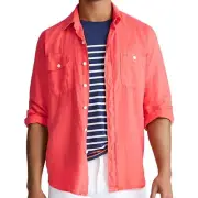 Polo Ralph Lauren Mens Classic Fit Linen Button Down Shirt (Small, Pink) $148