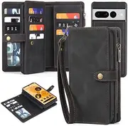 Yidai-Silu Google Pixel 7 Pro Flip Case【Wallet,Detachable 】 Magnetic Closure Zipper Case Pockets Wrist Strap Card Holder Kickstand Slots Folio Cover for Google Pixel 7 Pro 6,4” - Black