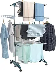 Hyfive Clothes Airer Clothes Drying Rack Indoor Clothes Horse Laundry Clothes Rack Clothes Dryer 4 Tier Foldable Space Saving With Shoe Rack Stainless Steel Easy Storage (Blue)