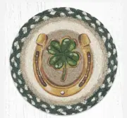 2 Braided Jute Round Placemat/Trivet/Swatch. CLOVER HORSESHOE. Earth Rugs.10"