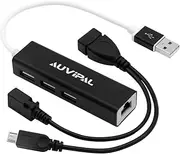 AuviPal LAN Ethernet Adapter with 3 Ports USB OTG Hub for Fire Stick, Chromecast, Google Home Mini, Raspberry Pi Zero - Powered Micro USB OTG Cable Included