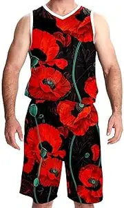 [KQNZT] Basketball Jersey with Shorts, Jersey Shorts Outfit Set, Mens Basketball Jerseys, Corn Poppy Retro Red Floral