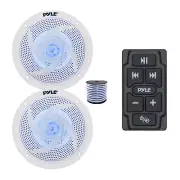 Pyle Marine Bluetooth Controller, 2x 4" 100W Blue LED Speakers (White) w/Wire