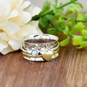 Moonstone brass Heart Spinner Ring 925 Silver Hammered Fidget Meditation For Her