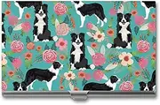 [VFMKT] Slim Metal Business Card Holder Portable Business Card Case Pocket Name Card Holder Border Collie Florals Wallet for Men Women Office Travel, style, One Size