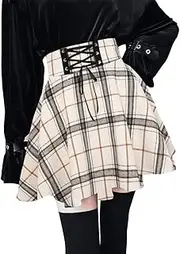 [Kinghua] Women's High Waisted Plaid Mini Skirts A Line Pleated Lace Up Short Skirt