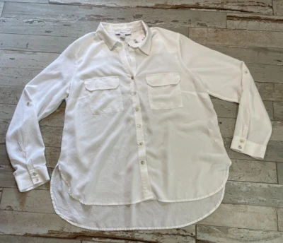 Forever 21 Button-Up Blouse White Woven Roll-Tab Sleeve 100% Rayon NWT