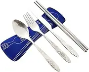5Pcs Cutlery Travel Knife Fork Portable Bag Stainless Steel Spoon Chopstick Set (Navy Blue)