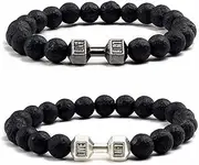 [RINHOO FRIENDSHIP] 2 PCS Dumbbell Bracelet for Man Gym Bracelet 8mm Lava Natural Stone Stretch Beads Bracelet with Dumbbell Weight Bracelet for Man