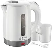 Russell Hobbs Electric 0.85L Travel Kettle, Small & Compact, Dual voltage, Ideal for abroad/caravan/camping, inc 2 cups & spoons, Removable washable anti-scale filter, water windows, 1000W, 23840