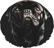 Cute Black Pug Dog Print Shower Cap For Women Men Reusable Lightweight Soft Bath Hair Cap With Elastic Band