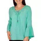 $46 NY COLLECTION Peasant Top L Mint Green Floral Applique Bell Crochet Sleeve