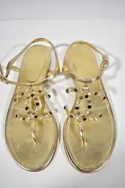 Chanel 19P Gold Metallized Lambskin CC Logo Mule Slide Flat Thong Sandal 36C