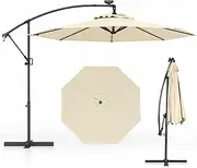 Costway 3m Solar LED Offset Cantilever Umbrella, Large Patio Umbrella with Easy Tilt Adjustment, Crank Handle, Cross Base, 360-Degree Rotation Hanging Umbrella for Backyard Poolside Lawn Garden