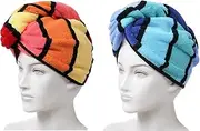 Anller 2 Pack 100% Cotton Hair Towel Wrap, Hair Drying Towel with Button for Women, Dry Hair Hat, Shower Head Towel (Orange & Blue)