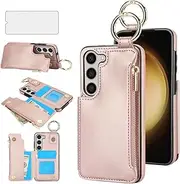[Asuwish] Phone Case for Samsung Galaxy A14/M14 5G with Tempered Glass Screen Protector Cover and Mobile Cell Stand Zipper RFID Card Holder Slot Kickstand Ring Wallet A 14 4G 14A 14M G5 Women Rose Gold
