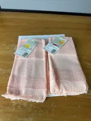2 Charles Craft Cross Stitch Border Fingertip Towels Peach Cotton Unused 18 X 11