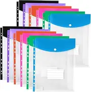 Xunweiad 12Pack Plastic Envelopes, Binder Pockets for 3/4/11 Ring Binder,Expandable Document Organizer with Snap Button and Label