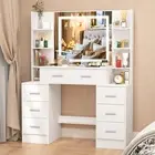 White Modern Dressing Table with LED Lights Mirror Vanity Make up Desk 7 Drawers