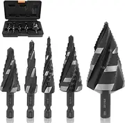5 Pcs Step Bit Set High Speed Steel Spiral Flute Step Drill Bit Set Versatile Metalworking Tool for Aluminum Alloy Plastic Cast Iron Copper.(Black,CG2055B-5)