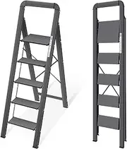 KINGRACK 5 Step Ladder with Handrail, Aluminium Folding Step Stool Portable, Non-Slip Household Stepladder with Wide Platform for Kitchen Pantry Closets Home Office, Maximum Load 150 kg, Black